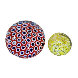 Lot 2 Vintage Millefiori Strathearn Glass Paperweights Mini Orange Blue Yellow